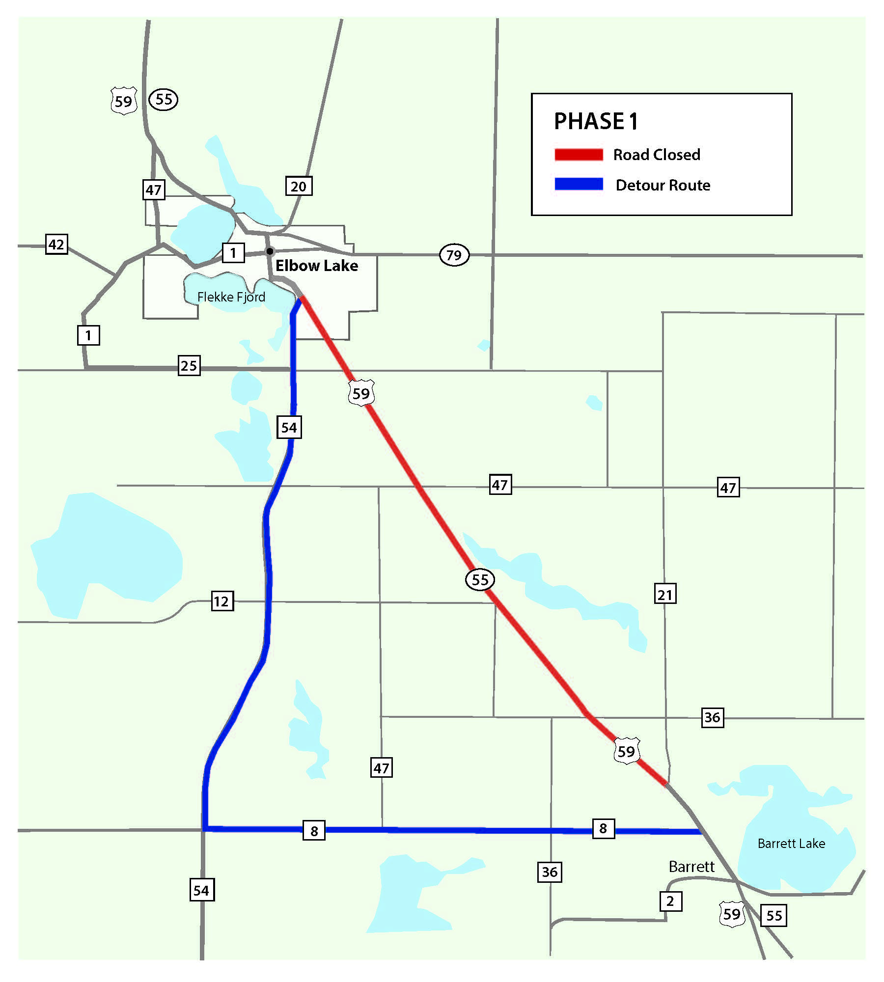 Hwy 55 project map Map shows Hwy 55/59 closed between CR 54 and CR 21. Traffic is detoured to CR 54 and CR 8.